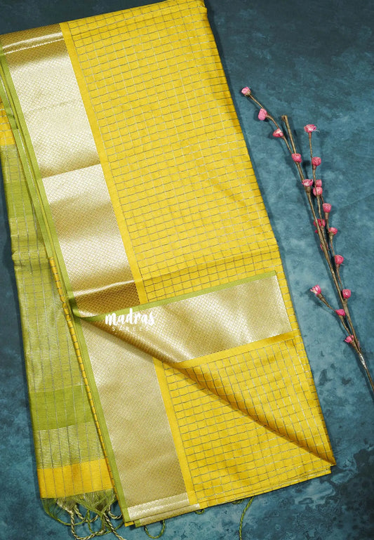 Lime Yellow - Manjari -  semi tussar checks in body with tissue border