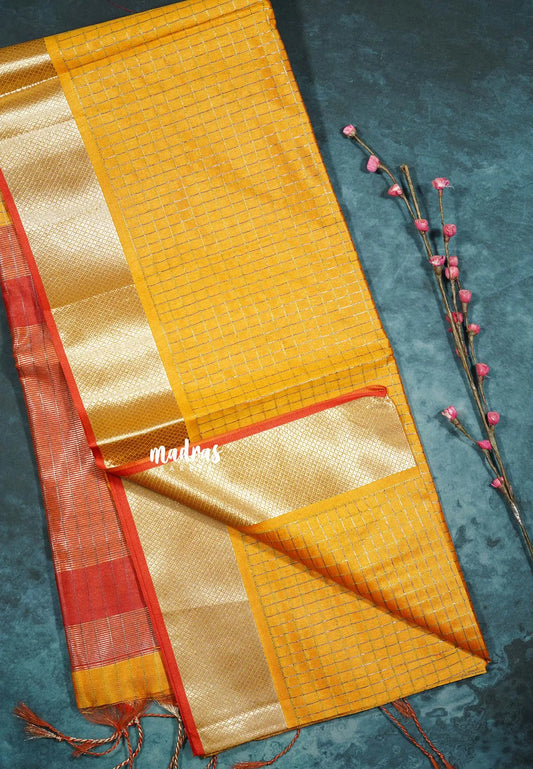 Mild Orange - Manjari -  semi tussar checks in body with tissue border