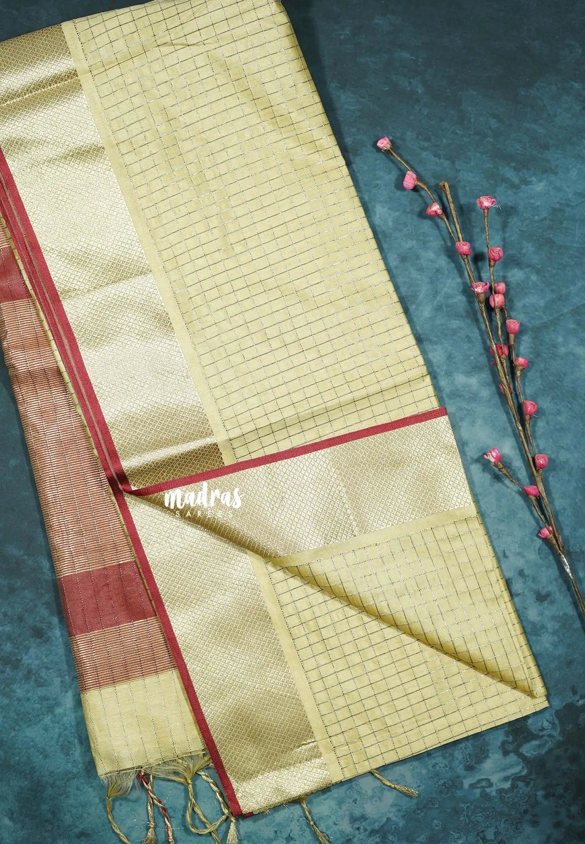 Beige sandal - Manjari -  semi tussar checks in body with tissue border