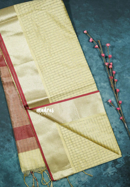 Beige sandal - Manjari -  semi tussar checks in body with tissue border