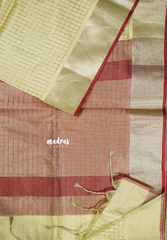 Beige sandal - Manjari -  semi tussar checks in body with tissue border
