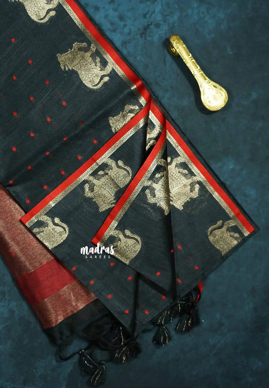 (PRE-BOOKING)  Black - Manjari - Premium raw silk with full weaving buttas pichwai cow border