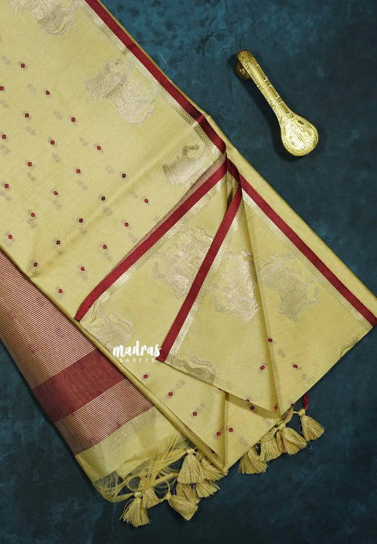 Beige sandal - Manjari - Premium raw silk with full weaving buttas pichwai cow border
