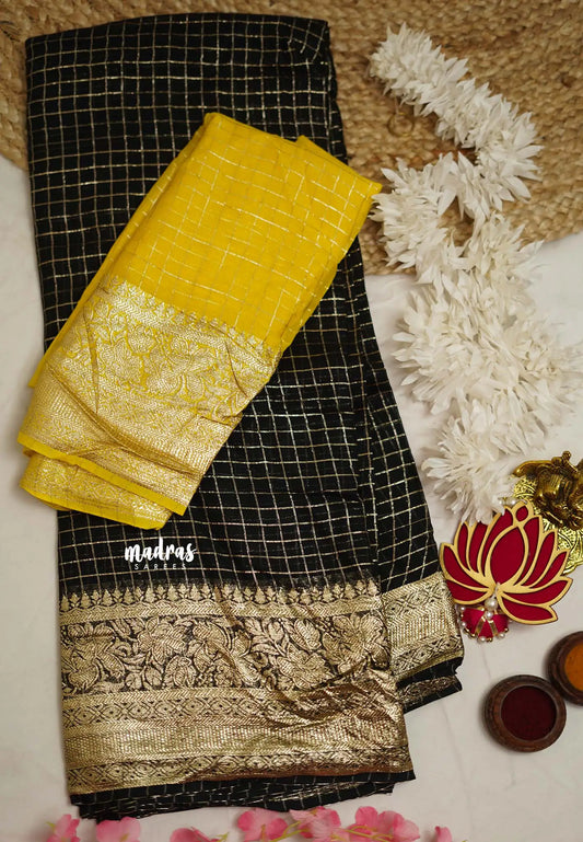 Bollywood trendy Crushed marble crepe saree with rich foil banarasi border - Black with yellow blouse