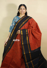 (PRE-BOOKING) Brick Red with Black - Mozhi - Sungudi cotton with tamil letters rettapet rudraksham border