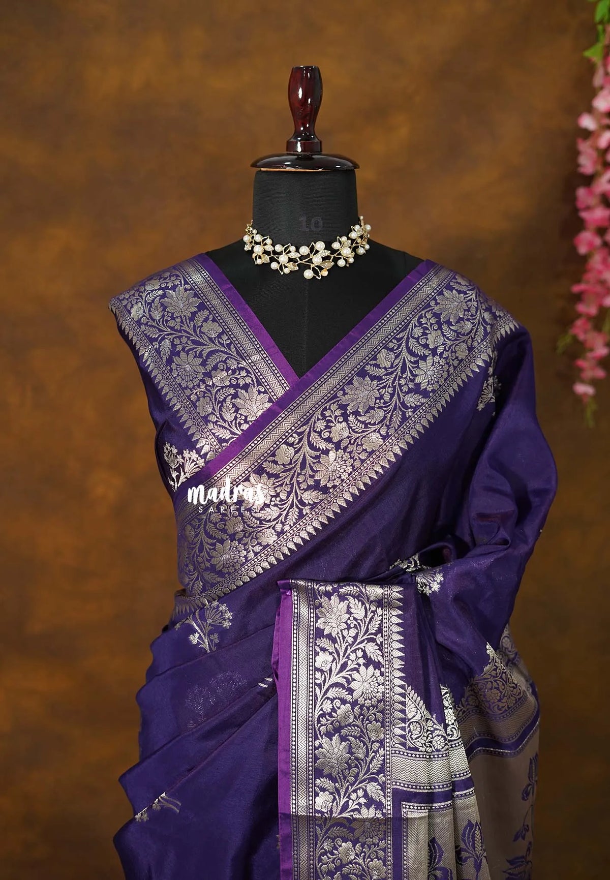 Midnight Purple - Durga Banarasi Mashru Silk with Antique Floral Zari Border and Buttas - Perfect for Night Functions