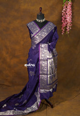 Midnight Purple - Durga Banarasi Mashru Silk with Antique Floral Zari Border and Buttas - Perfect for Night Functions