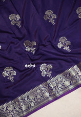 Midnight Purple - Durga Banarasi Mashru Silk with Antique Floral Zari Border and Buttas - Perfect for Night Functions