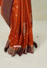 Burnt Orange - Durga Banarasi Mashru Silk with Hand Dyed Mango Motif with Border - Perfect for Wedding Functions