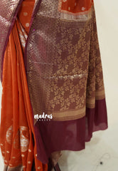 Burnt Orange - Durga Banarasi Mashru Silk with Hand Dyed Mango Motif with Border - Perfect for Wedding Functions