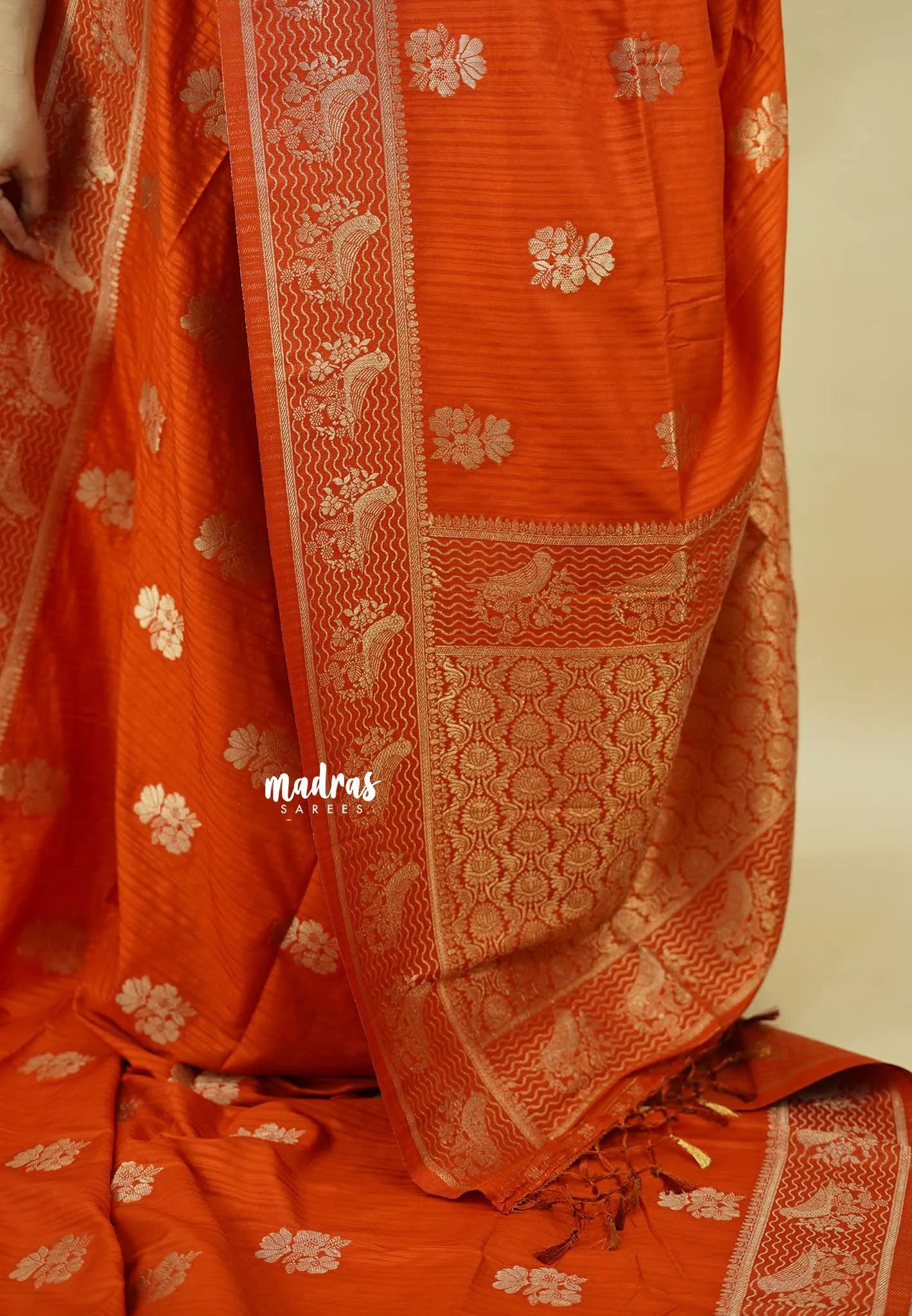 Rust Orange - Madhuram - Soft Matka silk with Grooves Body with Bird weaving Border
