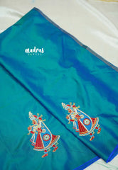 Dual Shade Teal Blue- Mayuri - 1 mtr Silk Cotton Embroidered Blouse Piece – Rajasthani Woman Motif