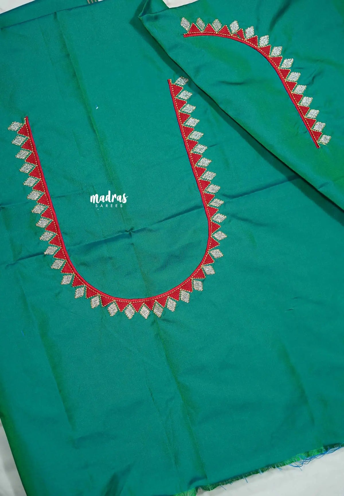 Teal green - Mayuri - 1 mtr Silk Cotton Embroidered Blouse Piece – Rajasthani Woman Motif Design 2