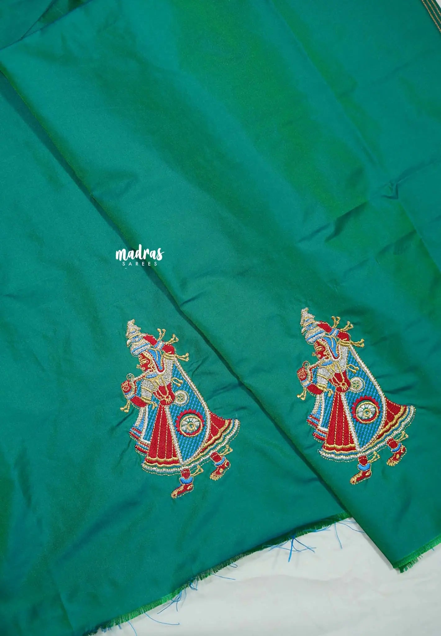Teal green - Mayuri - 1 mtr Silk Cotton Embroidered Blouse Piece – Rajasthani Woman Motif Design 2