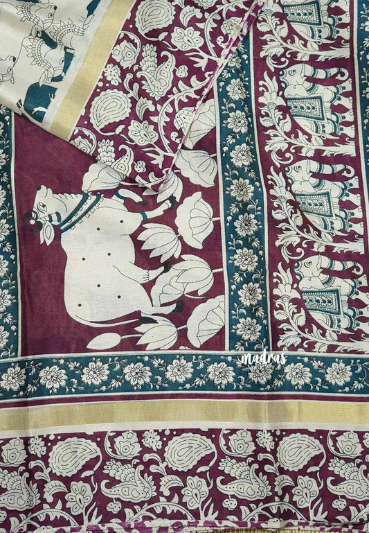 Green - Kalanjali chanderi Printed silk with kalamkari floral prints