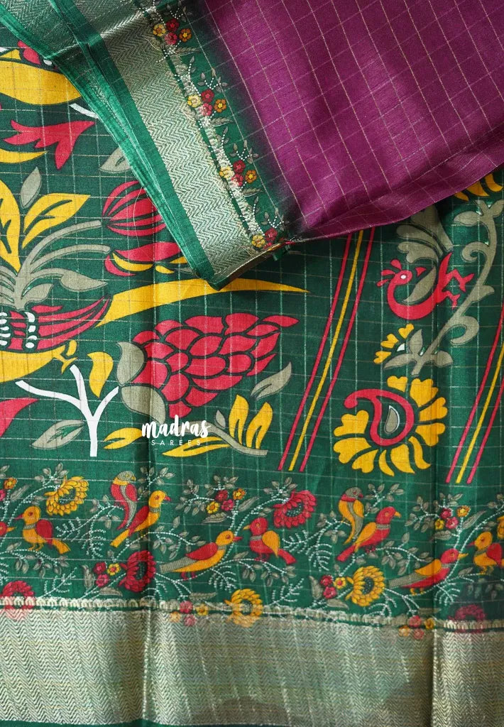 Magenta Purple - Meenakari printed silk with checks body  bird border