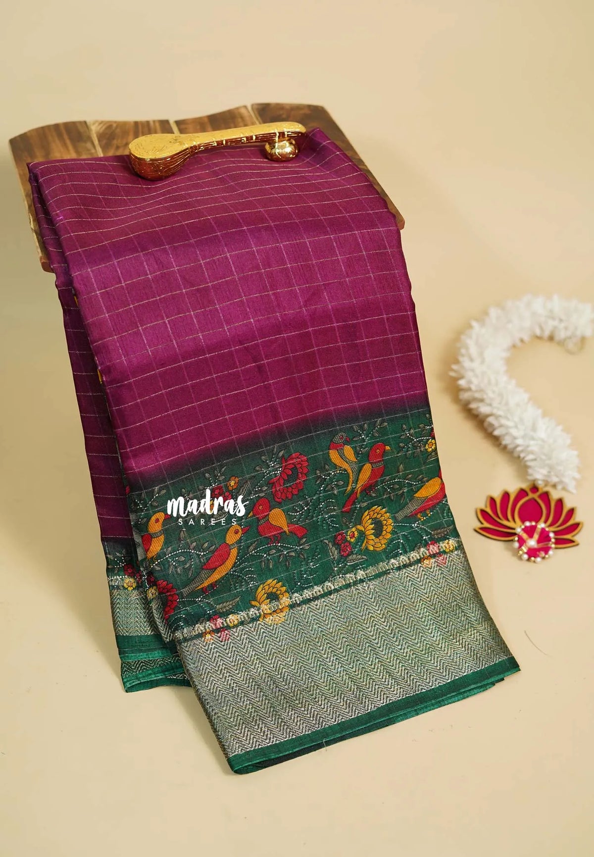 Magenta Purple - Meenakari printed silk with checks body  bird border