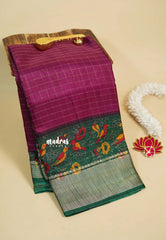 Magenta Purple - Meenakari printed silk with checks body  bird border