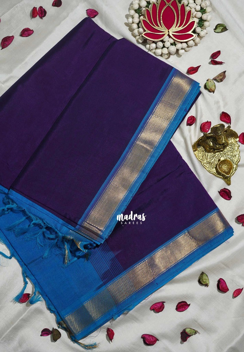 Midnight Purple - Meenakshi - Light Weight Pure Silk Cotton Saree Plain with Small Getti Border Contrast Pallu and Blouse - Perfect for Wedding Functions