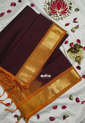 Coffee Powder Brown - Meenakshi - Light Weight Pure Silk Cotton Saree Plain with Getti Border Contrast Pallu and Blouse - Perfect for Wedding Functions