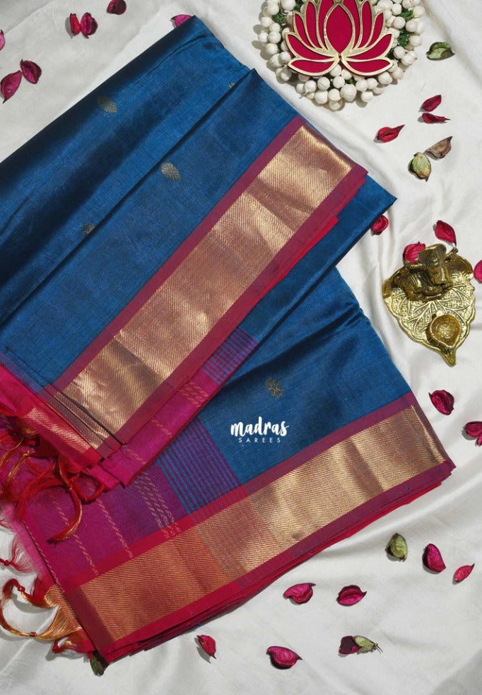 Peacock Blue - Meenakshi - Light Weight Pure Silk Cotton Saree Getti Border with Buttas Contrast Pallu and Blouse - Perfect for Wedding Functions
