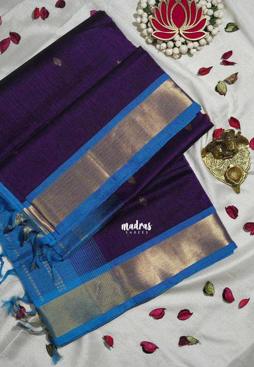 Rich Purple - Meenakshi - Light Weight Pure Silk Cotton Saree Getti Border with Buttas Contrast Pallu and Blouse - Perfect for Wedding Functions