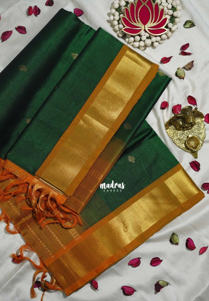 Emerald Green - Meenakshi - Light Weight Pure Silk Cotton Saree Getti Border with Buttas Contrast Pallu and Blouse - Perfect for Wedding Functions