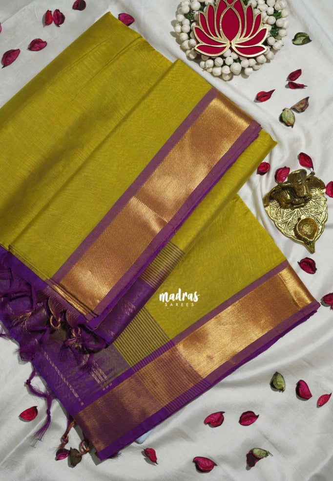 Mehndi Green - Meenakshi - Light Weight Pure Silk Cotton Saree Plain with Getti Border Contrast Pallu and Blouse - Perfect for Wedding Functions