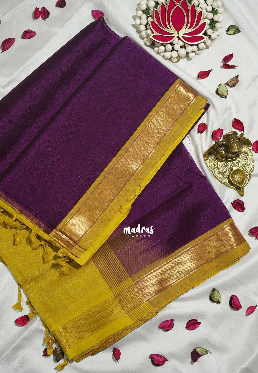 Jamun Purple - Meenakshi - Light Weight Pure Silk Cotton Saree Plain with Small Getti Border Contrast Pallu and Blouse - Perfect for Wedding Functions