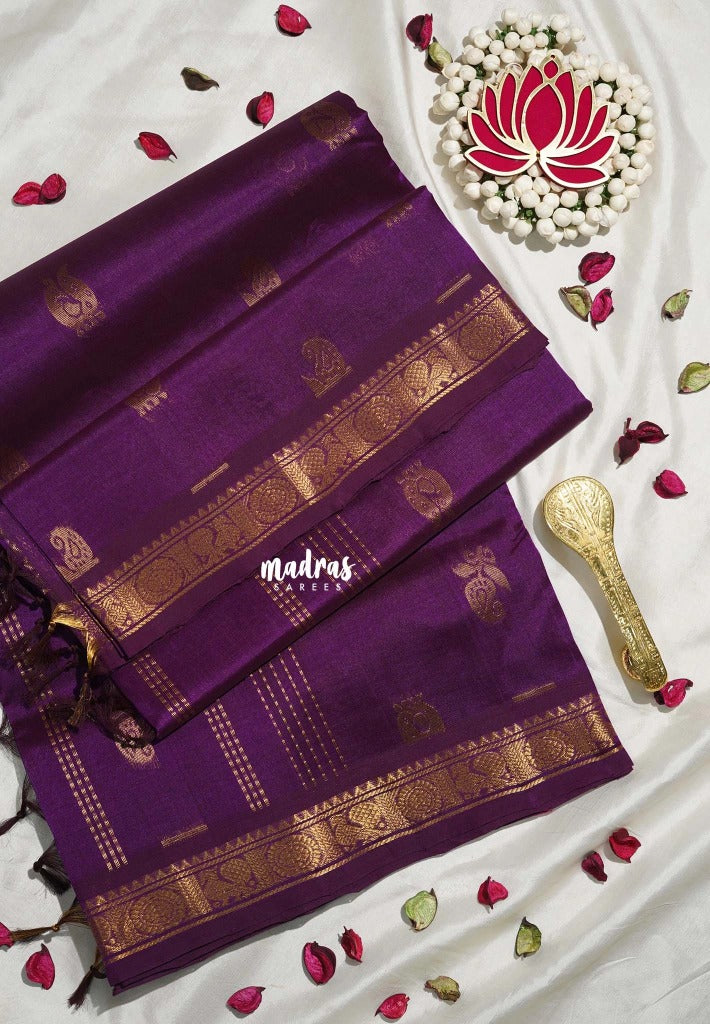 Purple Glow - Meenakshi - Light Weight Pure Silk Cotton Saree with Annam Border and Buttas - Perfect for Wedding Functions