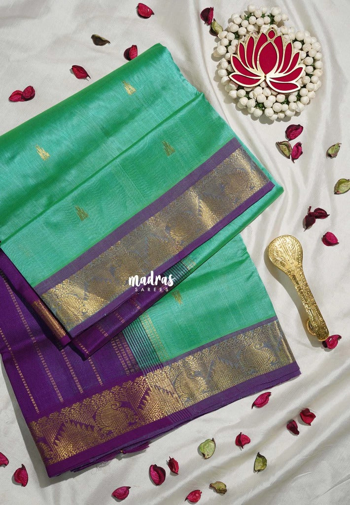 Aqua Green - Meenakshi - Light Weight Pure Silk Cotton Saree Tample, Mango Border with Buttas Contrast Pallu and Blouse - Perfect for Wedding Functions