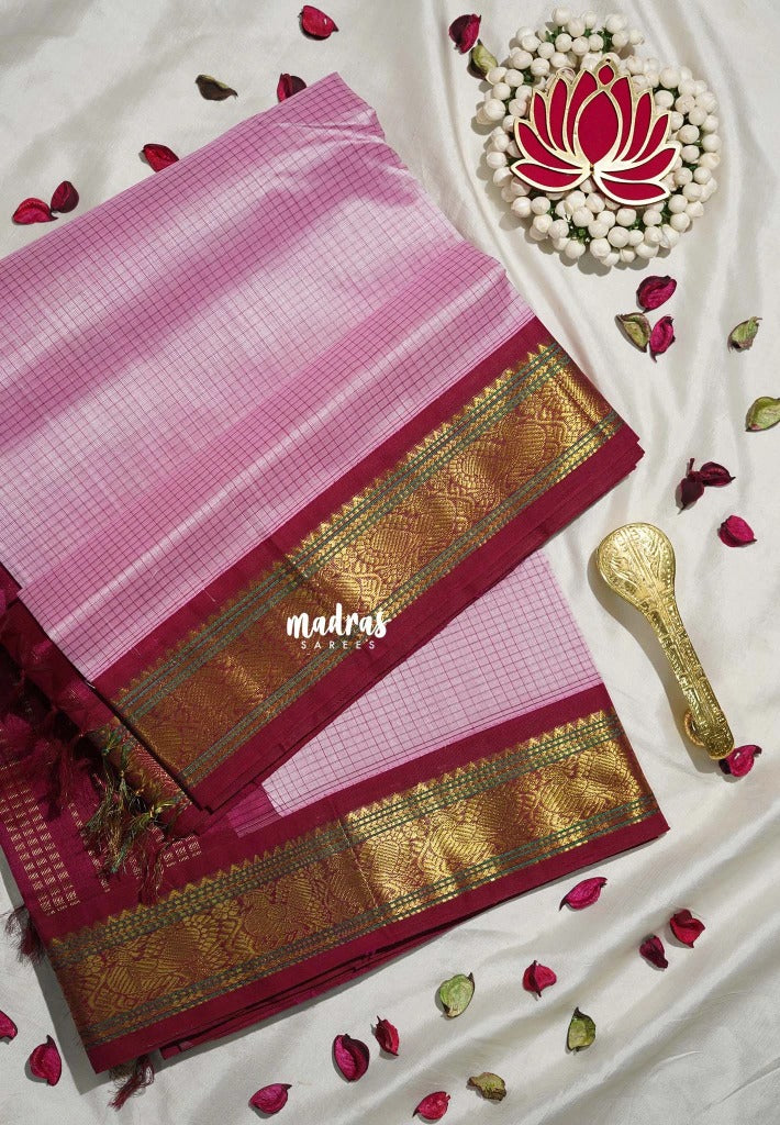 Creamy Pink - Meenakshi - Light Weight Pure Silk Cotton Saree Muthu Kattam Traditional Border Contrast Pallu and Blouse - Perfect for Wedding Functions