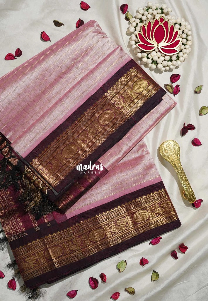 Blush Pink - Meenakshi - Light Weight Pure Silk Cotton Saree Zari Checks with Annam, Rudraksham Border Contrast Pallu and Blouse - Perfect for Wedding Functions