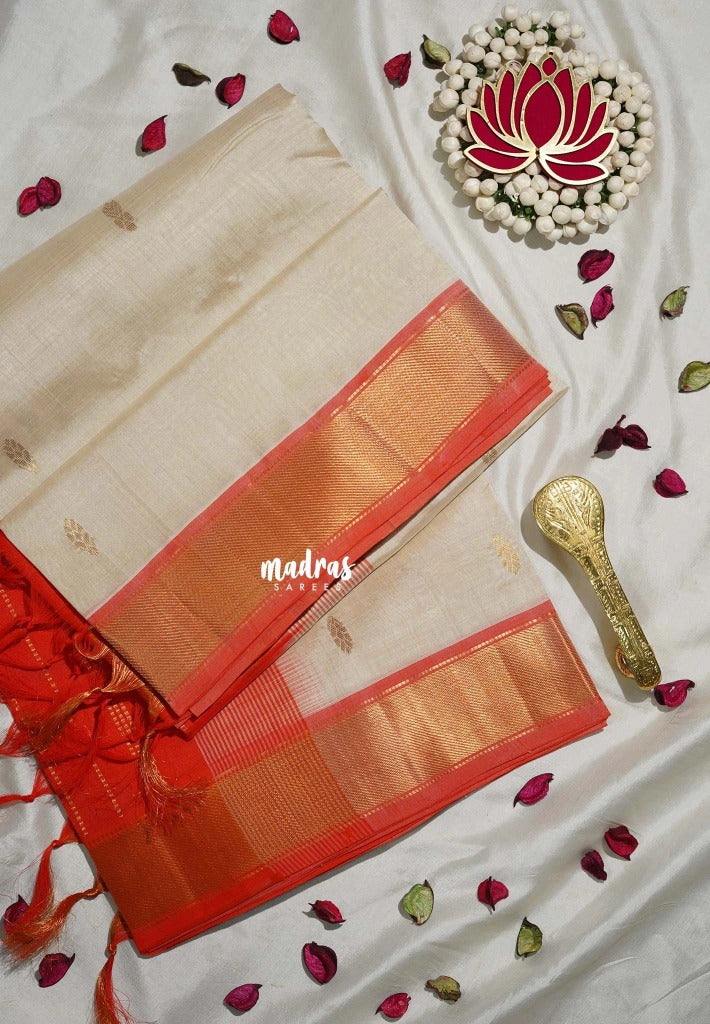 Ivory Beige - Meenakshi - Light Weight Pure Silk Cotton Saree with Getti Border Contrast Pallu and Blouse - Perfect for Wedding Functions