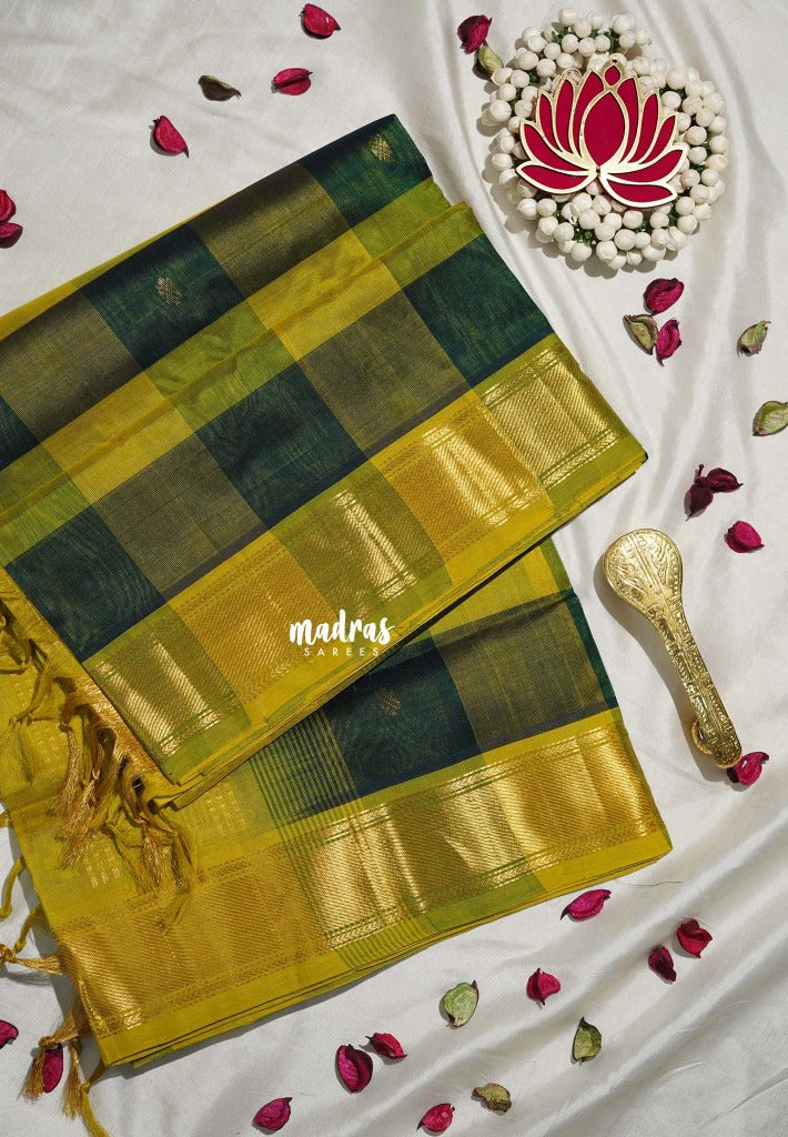 Light Green with Dark Green - Meenakshi - Light Weight Pure Silk Cotton Saree Vintage Paalum Pazhamum Checks with Getti Border and Buttas - Perfect for Wedding Functions