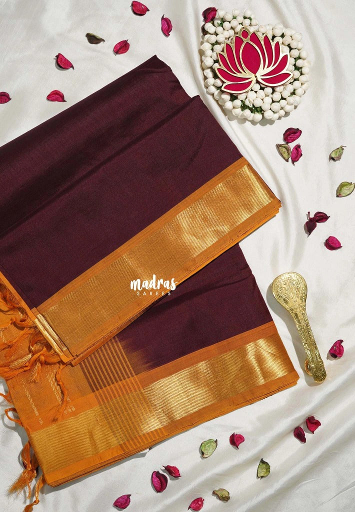 Coffee Brown - Meenakshi - Light Weight Pure Silk Cotton Saree with Getti Border Contrast Pallu and Blouse - Perfect for Wedding Functions
