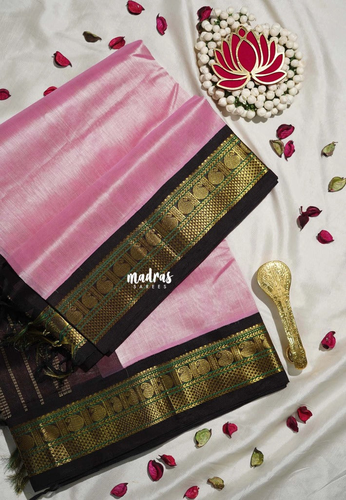 Soft Lotus Pink - Meenakshi - Light Weight Pure Silk Cotton Saree Plain with Mango Border Contrast Pallu and Blouse - Perfect for Wedding Functions