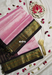 Soft Lotus Pink - Meenakshi - Light Weight Pure Silk Cotton Saree Plain with Mango Border Contrast Pallu and Blouse - Perfect for Wedding Functions
