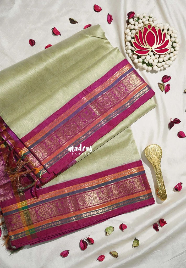 Creamy Elachi Green - Meenakshi - Light Weight Pure Silk Cotton Saree Mayil  Border with Buttas Contrast Pallu and Blouse - Perfect for Wedding Functions