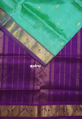 Aqua Green - Meenakshi - Light Weight Pure Silk Cotton Saree Tample, Mango Border with Buttas Contrast Pallu and Blouse - Perfect for Wedding Functions