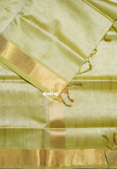 Golden Pista Green - Meenakshi - Light Weight Pure Silk Cotton Plain Saree with Getti Border - Perfect for Wedding Functions