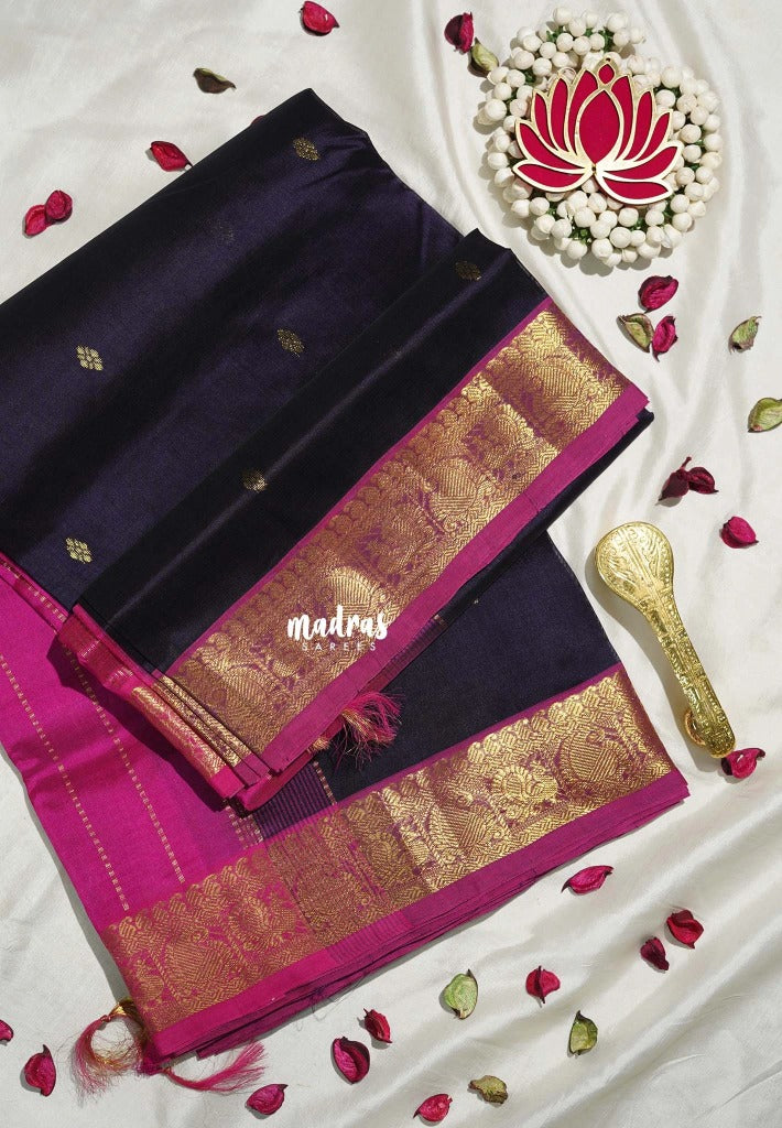 Midnight Purple - Meenakshi - Light Weight Pure Silk Cotton Saree Mango, Annam Border with Buttas Contrast Pallu and Blouse - Perfect for Wedding Functions
