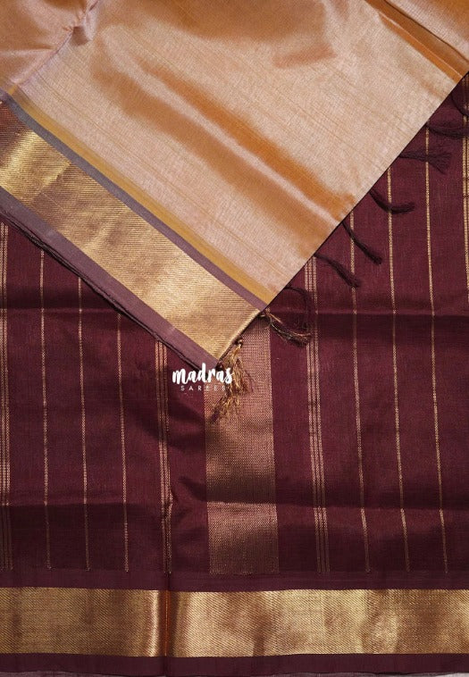 Golden Shade Antique Peach - Meenakshi - Light Weight Pure Silk Cotton Saree with Getti Border Contrast Pallu and Blouse - Perfect for Wedding Functions