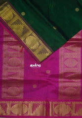 Dark Green - Meenakshi - Light Weight Pure Silk Cotton Saree with Rudraksham, Temple Border Contrast Pallu and Blouse - Perfect for Wedding Functions
