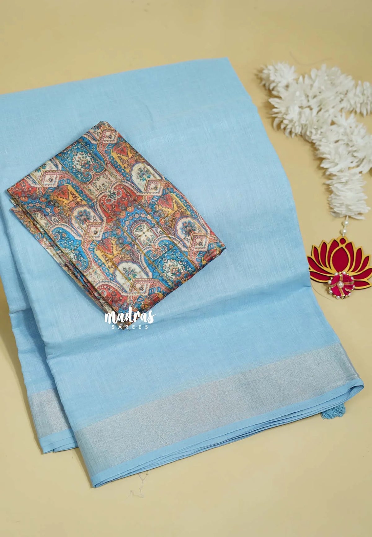 Ice Blue - Mia - Soft linen cotton with tissue border and printed blouse