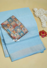Ice Blue - Mia - Soft linen cotton with tissue border and printed blouse