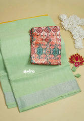 Pista Green - Mia - Soft linen cotton with tissue border and printed blouse