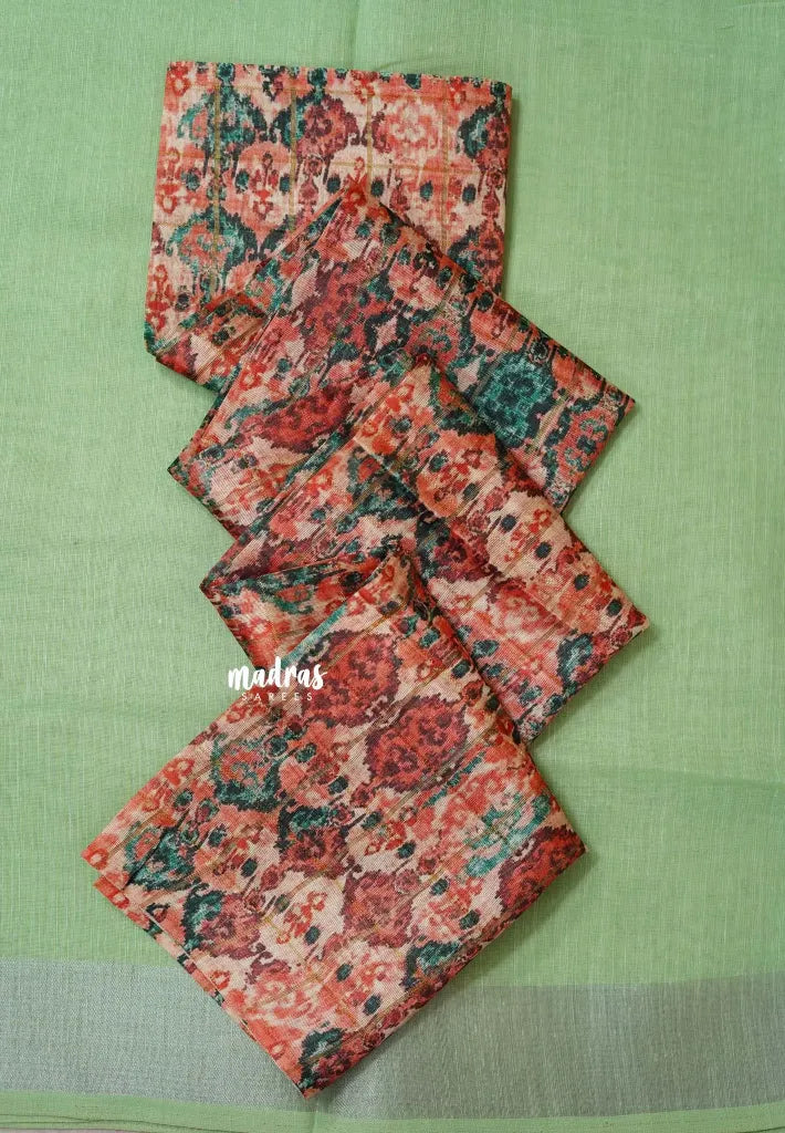 Pista Green - Mia - Soft linen cotton with tissue border and printed blouse