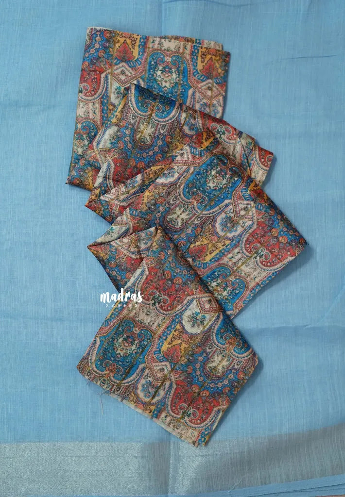 Ice Blue - Mia - Soft linen cotton with tissue border and printed blouse