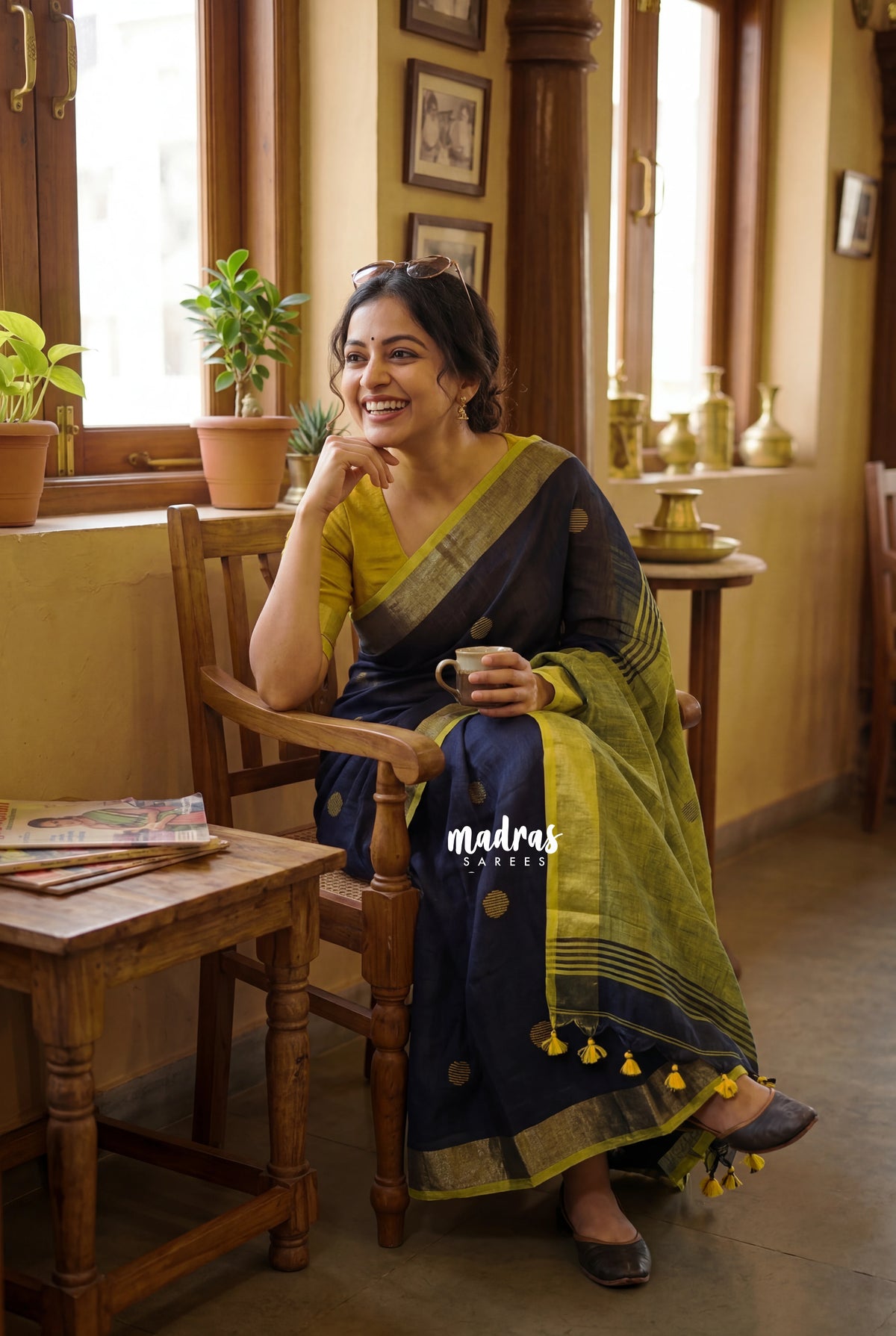 Midnight Navy Blue - Kannamma  Handwoven Ballbutta linen Saree with Yellow Pallu - Perfect for Office Wear | Casual Wear